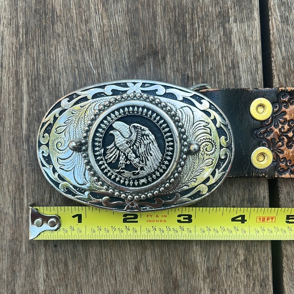 Vintage Belt Buckle Country Western Hand Tooled Brown Leather Silver Eagle 40” - Picture 10 of 10